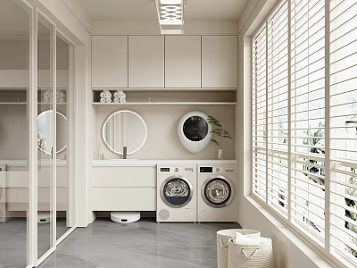 Modern Home Balcony With Washing Machines Storage Cabinets Round Mirror And Blinds 3d model