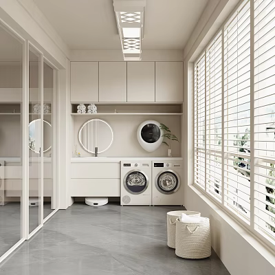 Modern Home Balcony With Washing Machines Storage Cabinets Round Mirror And Blinds 3d model