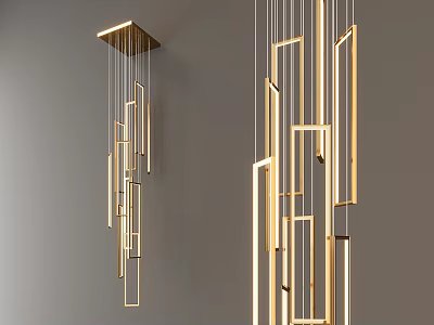 Modern Golden Metal Chandelier Design With Hanging Geometric Lines And Shapes 3d model