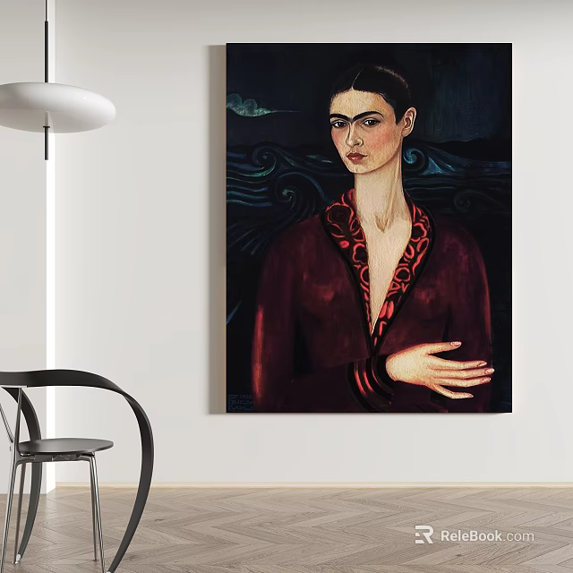 Figure Portrait Painting of Woman in Dark Red Robe With Red Trim and Wavy Background 3d model 