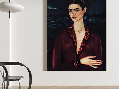 Figure Portrait Painting of Woman in Dark Red Robe With Red Trim and Wavy Background 3d model
