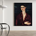 Figure Portrait Painting of Woman in Dark Red Robe With Red Trim and Wavy Background