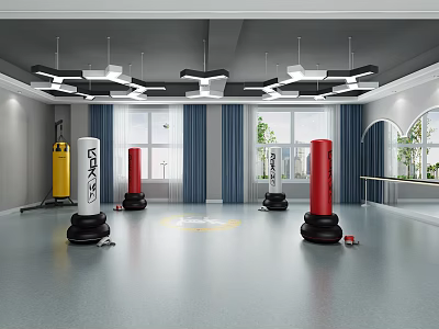 Fitness Gym Interior With Yellow Red White Punching Bags Gray Floor And Blue Curtains 3d model