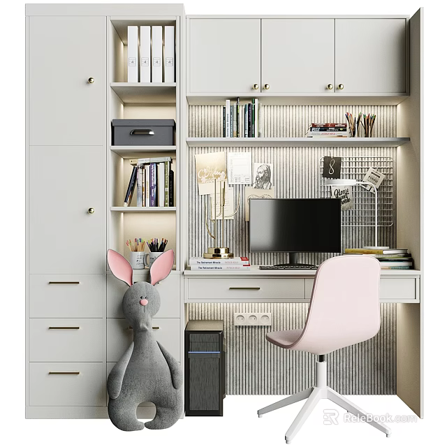 Modern Study Desk with Pink Chair Bookshelf Computer Monitor Stuffed Rabbit and Warm Lighting 3d model 