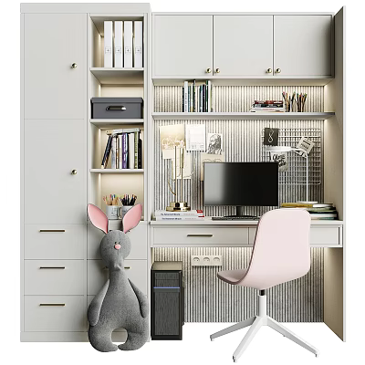 Modern Study Desk with Pink Chair Bookshelf Computer Monitor Stuffed Rabbit and Warm Lighting 3d model