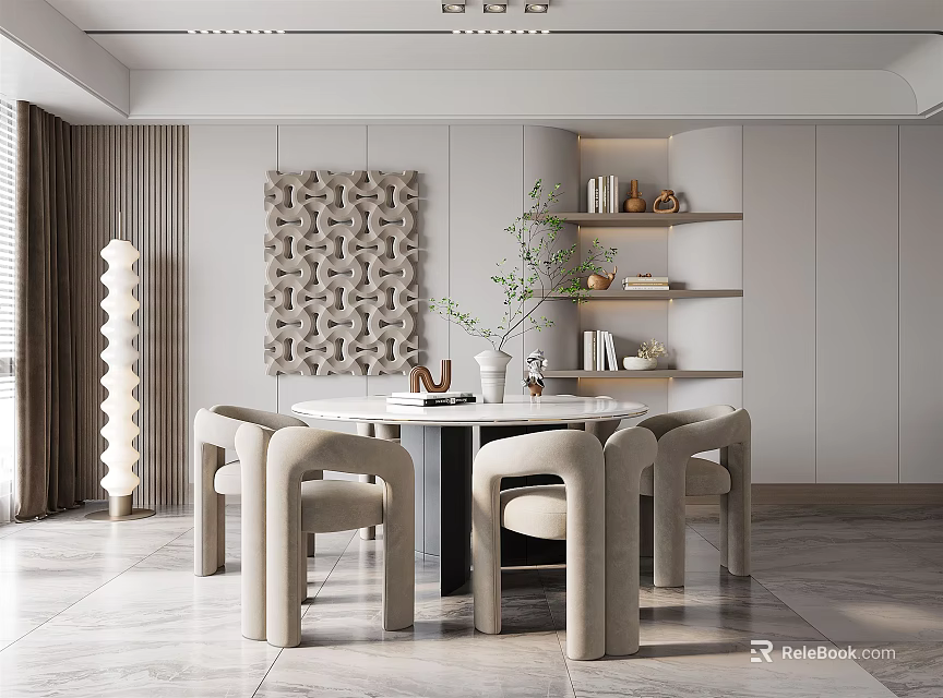 Elegant Modern Dining Restaurant With Marble Table Beige Chairs And Decorative Artwork 3d model