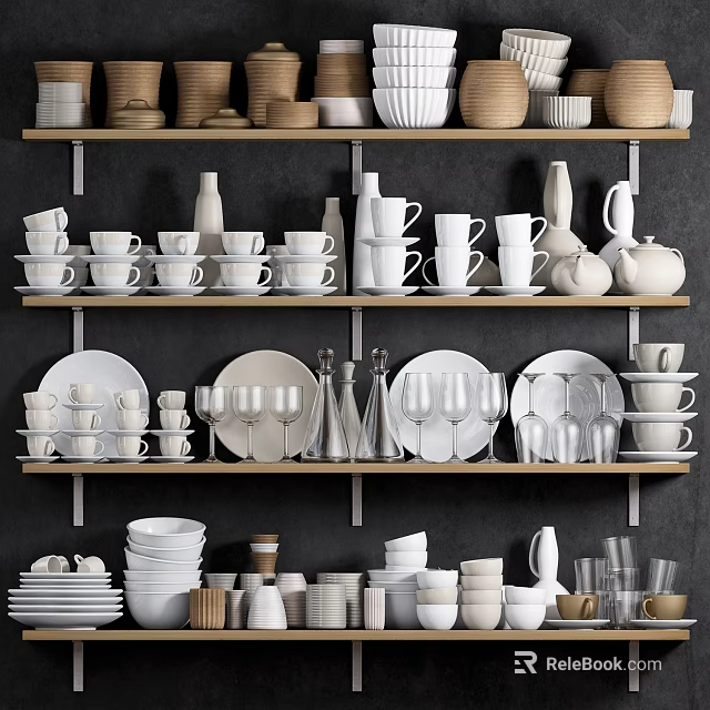Stylish White Dinnerware Set With Kitchen Shelves Plates Cups Bowls Wine Glasses And Vases 3d model 