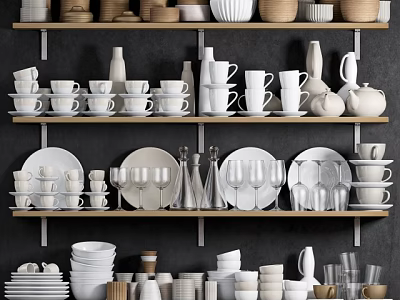 Stylish White Dinnerware Set With Kitchen Shelves Plates Cups Bowls Wine Glasses And Vases 3d model