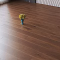 Glossy Brown Wood Grain Wooden Floor With Blue Vase And Yellow Flowers