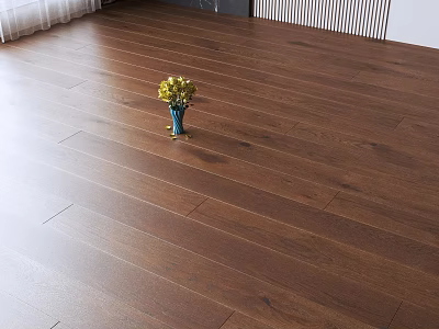 Glossy Brown Wood Grain Wooden Floor With Blue Vase And Yellow Flowers 3d model