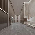 Modern Front Desk Reception Lobby Interior With Wooden Panel Walls Marble Floor And Elevators
