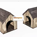Two Rustic Wooden Dog Houses With Sloped Roofs And Arch Entrances
