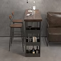 Wooden Bar Counter with Wine Glasses Coffee Cup Laptop and Wooden Stools by Brown Sofa