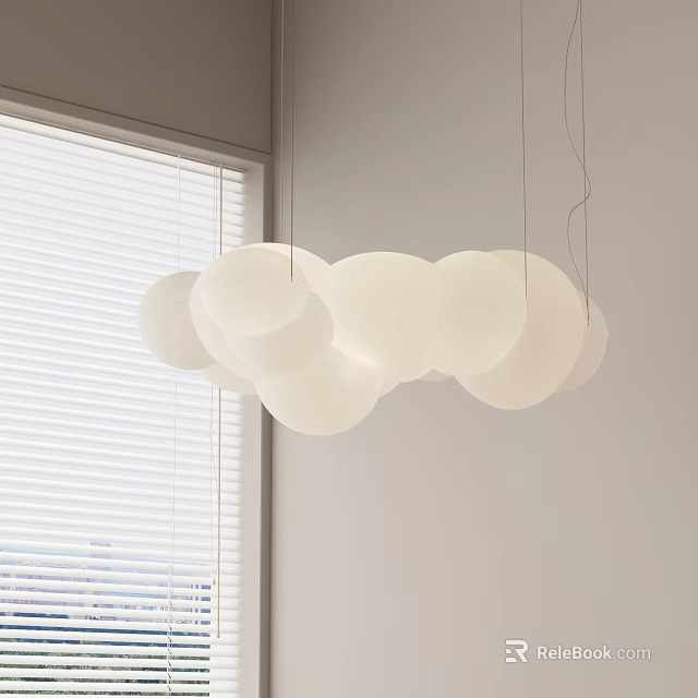 Modern White Spherical Chandelier Hanging In Room With Window And Blinds 3d model 
