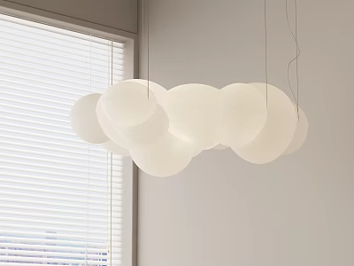 Modern White Spherical Chandelier Hanging In Room With Window And Blinds 3d model