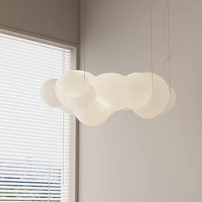 Modern White Spherical Chandelier Hanging In Room With Window And Blinds 3d model