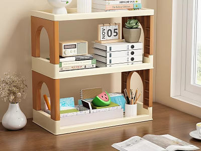 Multi tier Storage Shelf with Books Potted Plant Calendar and Radio in Cozy Room Interior 3d model