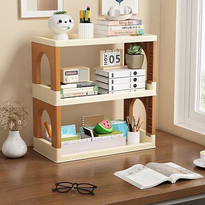 Multi tier Storage Shelf with Books Potted Plant Calendar and Radio in Cozy Room Interior 3d model