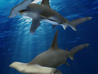 Two Hammerhead Sharks Swimming In Blue Ocean Water With Sunlight Rays 3d model