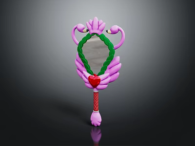 Pink Handheld Mirror With Green Frame Red Heart Decoration And Striped Handle 3d model