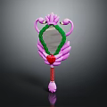 Pink Handheld Mirror With Green Frame Red Heart Decoration And Striped Handle