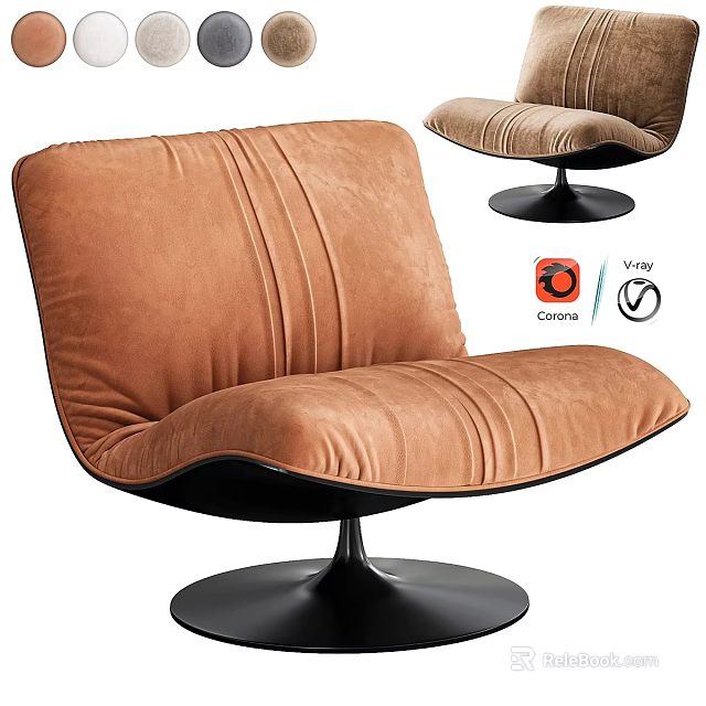 Tan Velvet Accent Chair With Curved Design And Black Round Base 3d model 