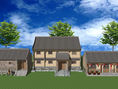 Traditional Chinese Courtyard House With Tile Roof Trees And Blue Sky White Clouds 3d model