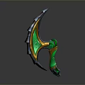 Fantasy Axe with Green and Gold Decorative Handle Sharp Serrated Blade and Ornate Details