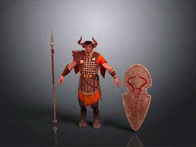 Detailed Ancient Warrior With Horned Helmet Armor Spear And Decorated Shield 3d model