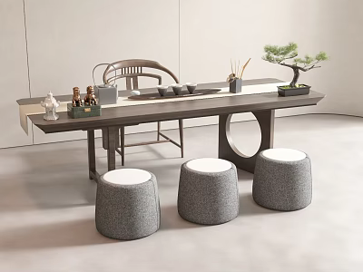 Modern Tea Table And Chairs With Three Gray Round Stools Tea Sets And Potted Plant 3d model