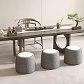 Modern Tea Table And Chairs With Three Gray Round Stools Tea Sets And Potted Plant