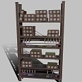 Computer Hardware Storage Rack With Stacked Shelves Holding Various Electronic Components 3d model
