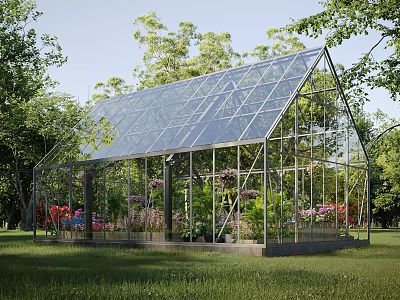 Villa Balcony with Glass Structure Surrounded by Trees and Colorful Flowers 3d model