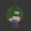 Elegant Rattan Hanging Chair With Round Frame And White And Blue Cushion For Comfortable Seating