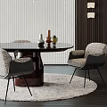 Contemporary Round Dining Table With Textured Chairs Decorative Vases And Wooden Wall Accents