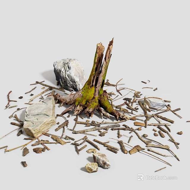 Old Tree Stump With Green Moss And Scattered Stones And Dry Twigs 3d model 