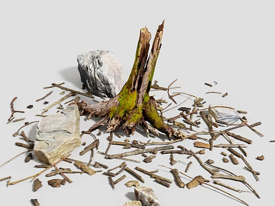 Old Tree Stump With Green Moss And Scattered Stones And Dry Twigs 3d model