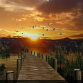 Stunning Sunset Landscape With Flying Birds Lake Surface Wooden Boardwalk Reeds And Mountain Peaks