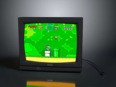 Black Retro Television Showing Classic Mario Gaming Screen With Green Background And Score 3d model