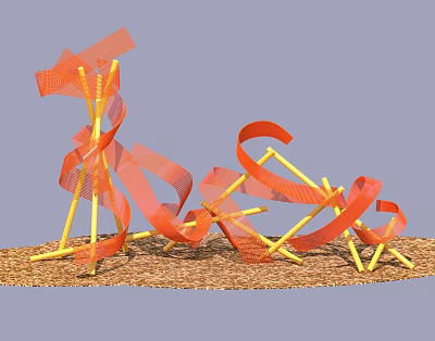 Photo Check In Spot Featuring Orange Spiral Decorations Yellow Supports And Wood Chip Ground 3d model