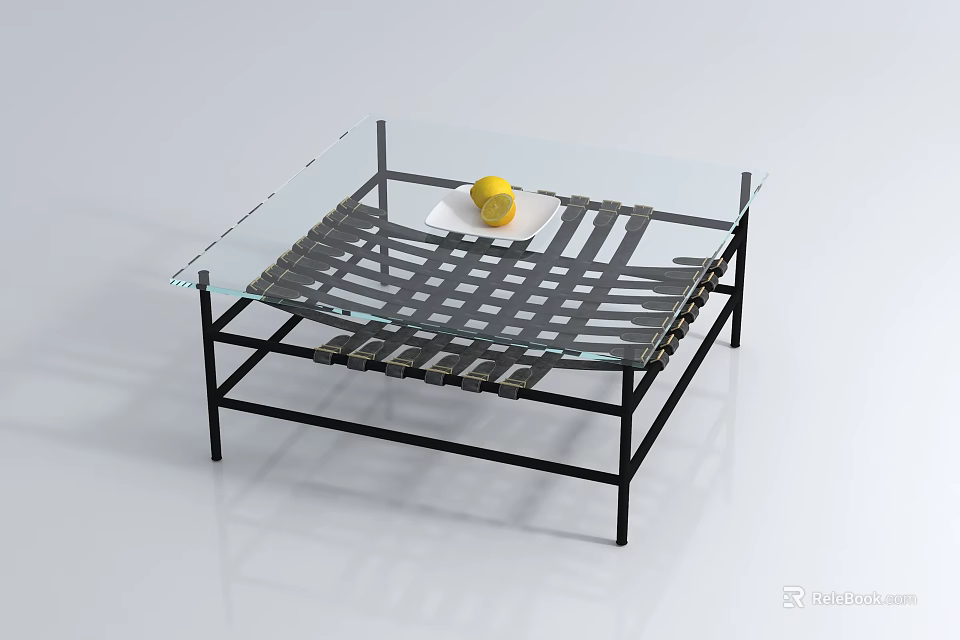 Glass Top Coffee Table with Black Metal Grid Frame and Yellow Lemon on White Plate 3d model 