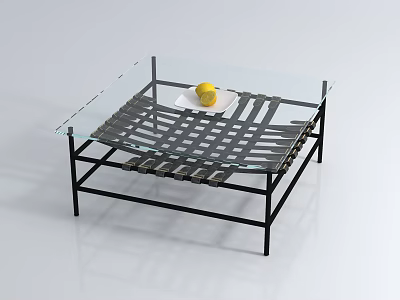 Glass Top Coffee Table with Black Metal Grid Frame and Yellow Lemon on White Plate 3d model
