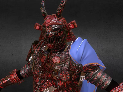 Man in red samurai armor with intricate patterns horned helmet and blue cape on shoulders 3d model