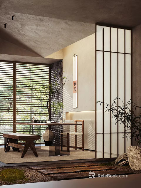 Traditional Japanese Tea Room Interior Design With Wooden Shoji Screen Natural Light And Green Plants 3d model 
