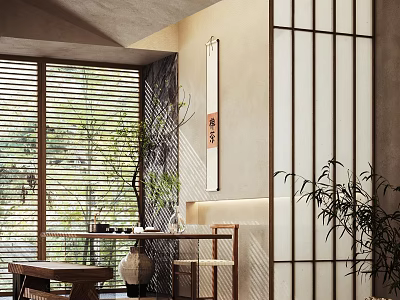 Traditional Japanese Tea Room Interior Design With Wooden Shoji Screen Natural Light And Green Plants 3d model
