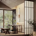 Traditional Japanese Tea Room Interior Design With Wooden Shoji Screen Natural Light And Green Plants
