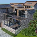 Rustic Guesthouse Building With Stone Walls Wooden Balcony Stone Pavement And Lawn