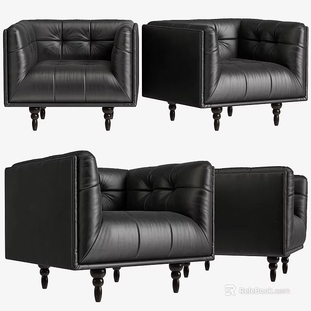 Black Leather Single Sofa with Tufted Backrest and Wooden Legs Design 3d model