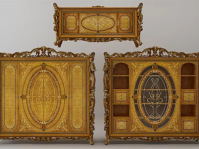 Vintage Ornate Wardrobe With Golden Carved Details And Glass Panel Design 3d model