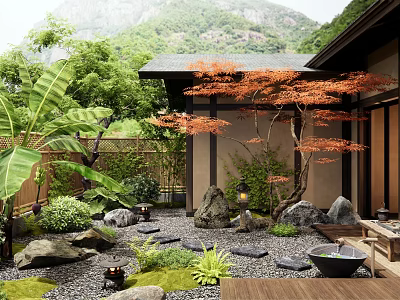 Japanese Courtyard Garden With Red Maple Tree Large Stones Greenery Wooden Structure And Stone Lanterns 3d model